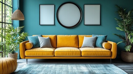 Cozy living room with a vibrant yellow sofa and decorative plants.