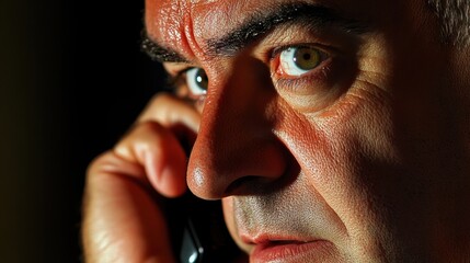 Intense Close-Up of a Man on the Phone, Capturing Emotion and Expression with Dramatic Lighting Highlighting Features and Eye Color
