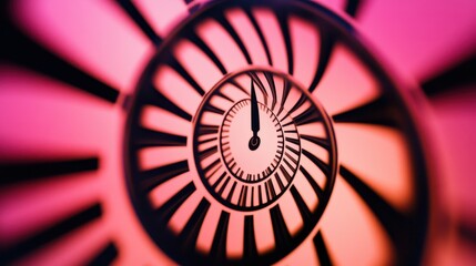 An artistic close-up of an ornate clock face set against a vibrant pink and purple gradient. Bold markers highlight time's passage, ideal for creative projects on time management and nostalgia.