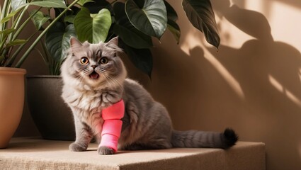 Adorable Scottish Fold Cat with a Pink Cast and a Surprised Expression Poses amidst Indoor Plants in Warm Natural Light
