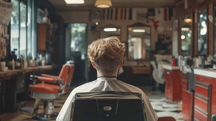 A man sits in a vintage barbershop chair, facing away, surrounded by classic decor, mirrors, and barber tools, creating a nostalgic atmosphere of traditional grooming
