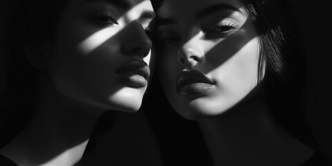 Dramatic shadows and reflections on two faces in black and white portrait