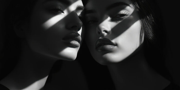 Dramatic shadows and reflections on two faces in black and white portrait