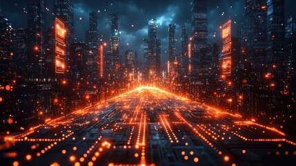 Fototapeta premium Futuristic cityscape with glowing circuits and digital elements.