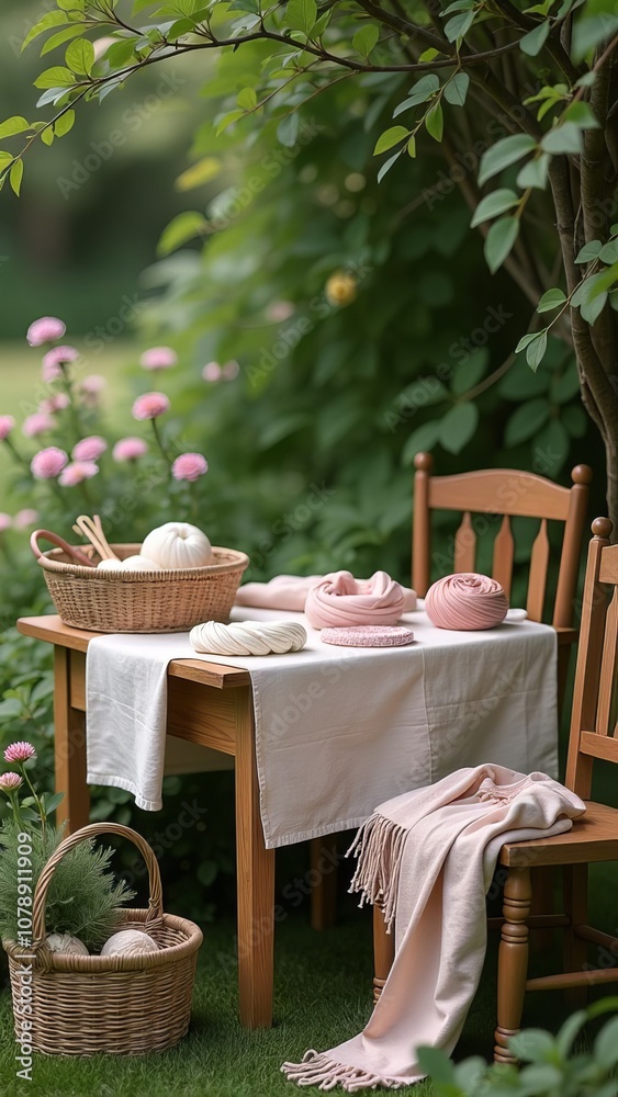 Poster a table with a white tablecloth and a pink blanket on it