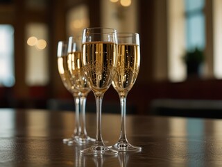 Glasses of champagne on a table in a restaurant, shallow depth of field