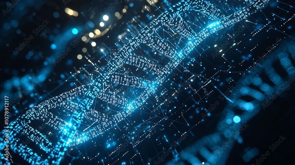 Poster futuristic digital dna strand with binary code sequences symbolizing genetic data storage