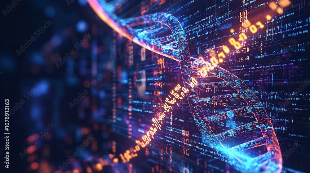Poster futuristic digital dna strand with binary code sequences and high tech background