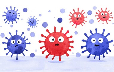 Obraz premium Colorful cartoon viruses with expressive faces spread across a playful background illustrating microbial life