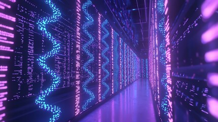 Futuristic Digital Storage Room with Glowing DNA Strands for Data Storage Concept