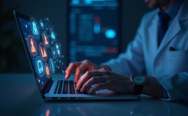 Man using laptop and AI chat bot for creative services. A technology expert developing userfriendly software by understanding the requirements of the endusers