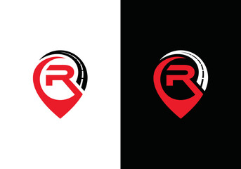 road map logo design template, vector illustration of location point icon and route map with initial letter R for road