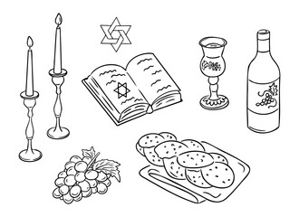 Shabbat hand drawn contour doodle set with traditional items. Monochrome vector outline composition with Torah, candles and bread to Jewish holiday isolated on white background