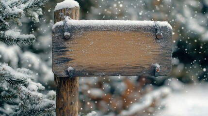 Wooden Signboard Covered with Snow in a Winter Landscape Surrounded by Snowy Trees, Creating a Serene and Calm Atmosphere Ideal for Seasonal Themes