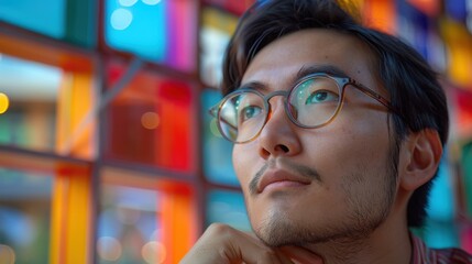 A backdrop of diverse colors illuminates an Asian student's introspective expression, marking his educational achievements