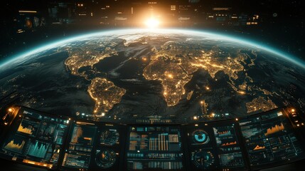 Futuristic spaceship cockpit view of Earth with sunrise.