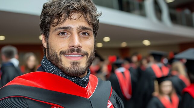 Graduation ceremony featuring a young man in a cap and gown smiling proudly at a university event