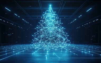 A glowing digital Christmas tree made of blue lights in a dark futuristic space during a holiday celebration