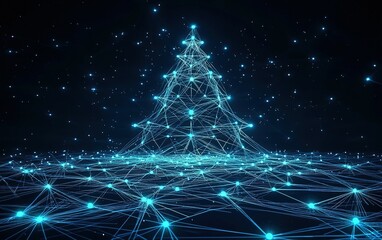 A digital Christmas tree made of glowing blue lines and nodes against a dark starry background during a festive season