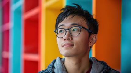 A backdrop of diverse colors illuminates an Asian student's introspective expression, marking his educational achievements