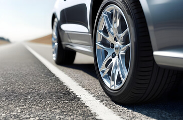 Closeup of a new car tire on an asphalt road