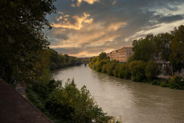 Rome, Italy and Tiber river at the evening