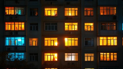 Windows illuminating apartments at night showing that people are home relaxing