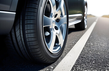 Closeup of a new car tire on an asphalt road