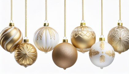 Fototapeta premium Golden Christmas balls on white background.