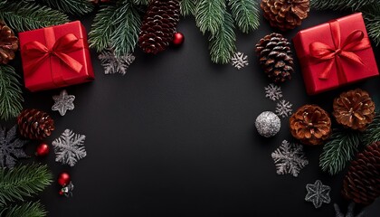 Christmas tree and red gift box on black background.