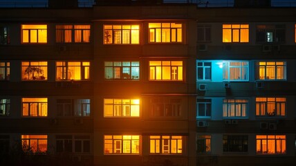 Windows illuminating apartments at night showing that people are home relaxing