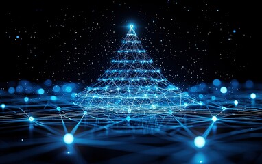 Abstract digital representation of a Christmas tree created with blue lights and connected nodes against a dark background