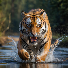 Siberian tiger, Panthera tigris altaica, low angle photo direct face view, running in the water directly at camera with water splashing around. Attacking predator in action. Tiger in taiga environment