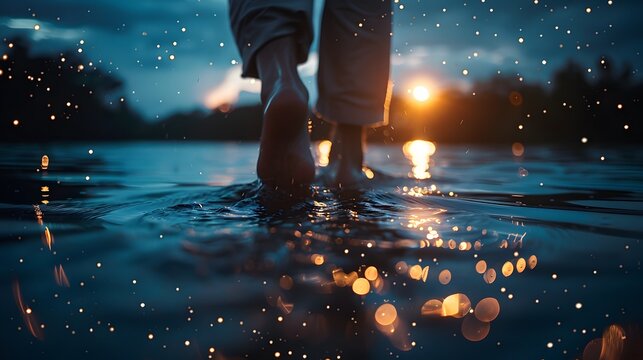 Jesus&rsquo; footsteps softly rippling across a darkened water surface, under a star-speckled twilight sky, close-up view, each step subtly illuminated, quiet sense of the miraculous  