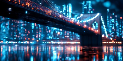 Obraz premium A stunning view of a illuminated bridge at night. The city skyline reflects off the water. The scene captures vibrant colors and lights. Perfect for urban and travel themes. AI