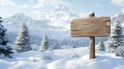 Fototapeta premium Scenic Winter Landscape Featuring a Blank Wooden Sign in a Snowy Field Surrounded by Evergreen Trees and Majestic Mountains in the Background