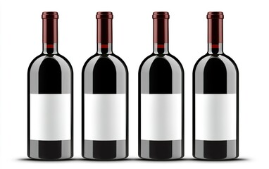 Set of four blank wine bottles ready for custom labeling displayed on a neutral background for branding and design purposes