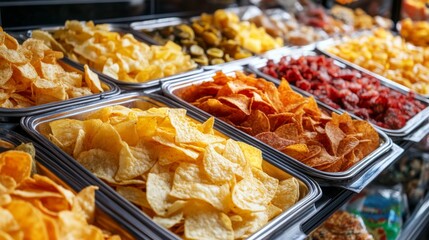 Fototapeta premium Assortment of Crispy Potato Chips in a Food Market