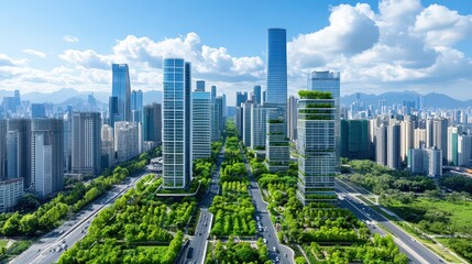 Obraz premium Modern Urban Landscape Showcasing Sustainable Architecture and Green Spaces with City Skyline, Emphasizing Environmental Awareness and Carbon Reduction Efforts
