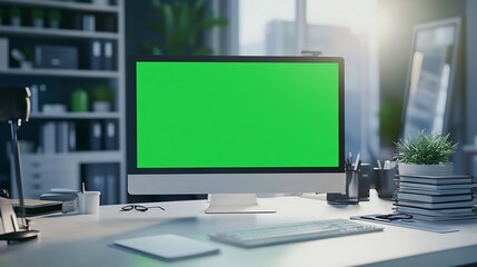 Naklejka premium Desktop computer with green screen on a white desk with stack of notebooks