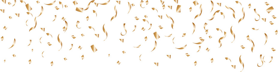 Border with  golden falling confetti and a streamers .  Background with glitter confetti for party celebration. Luxury sparkling confetti. Falling gold glitter. Dust golden sparks. 