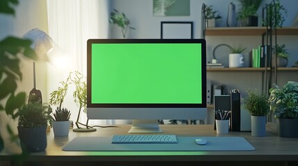 Green screen computer in a minimalist home office with shelves and plants