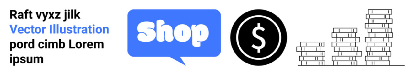 Speech bubble with the text Shop in it, a dollar coin, and a stack of books forming a bar chart. Ideal for e-commerce, financial growth, learning, online retail, and business development. Banner
