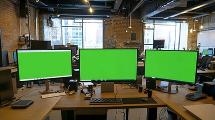 Green screen computer in a shared office with multiple workstations around