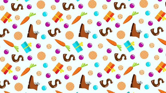 Sinterklaas, symbols of St. Nicholas Day, carrot, shoe, gift. Simple looping animation, rotating background.