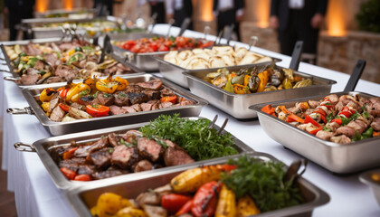 Obraz premium Indoor Catering Buffet with a Wide Variety of Foods in a Restaurant Setting. 
