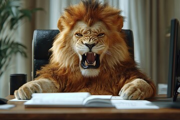 Photorealistic Image of an Angry Lion Sitting at a Desk in the Office – Daylight and High-Resolution Photography

