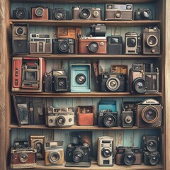 Vintage cameras displayed on wooden shelves.