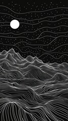 Minimalist Line Art of a White Mountain Landscape Under a Starry Night Sky With Sun and Moon Elements. Generative AI