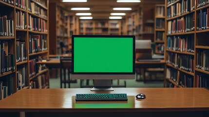 Computer with green screen on a desk in a library setting with bookshelves